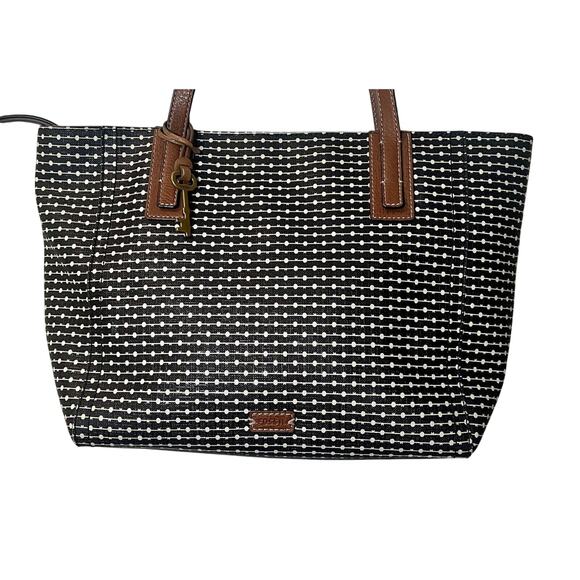 Fossil Rachel Leather Black Striped Tote Purse, Leather, Key Charm, Classic Bag - Picture 3 of 11